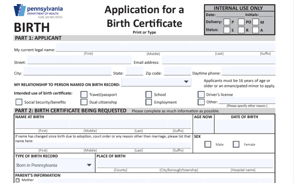 A screenshot of the form used to obtain a birth document in Erie County.