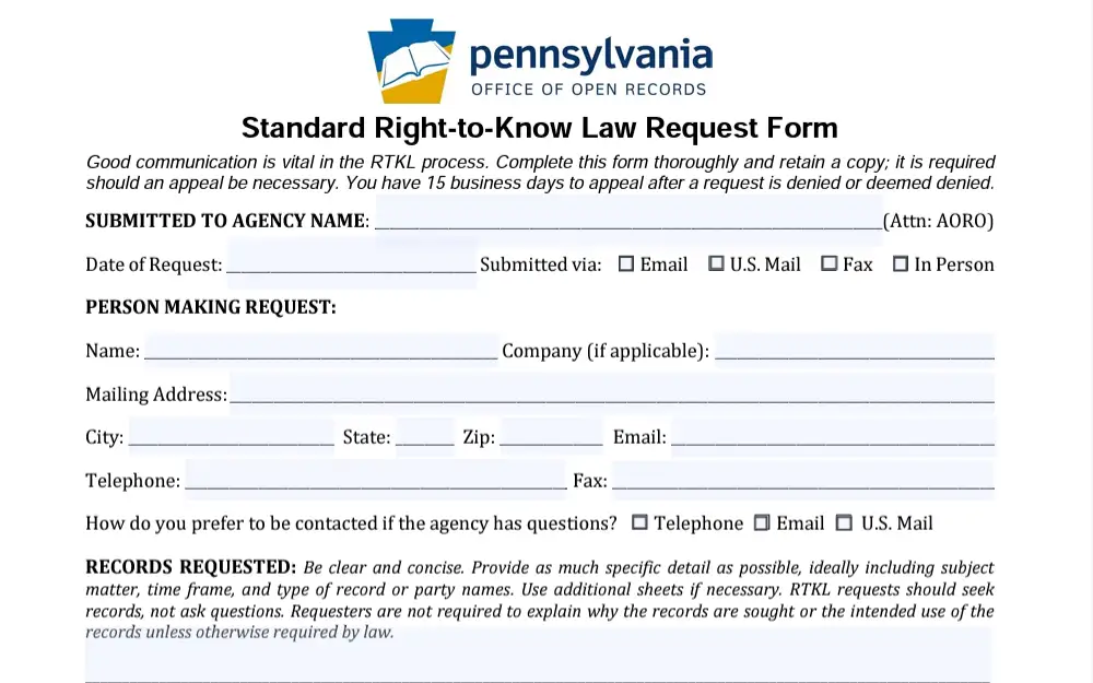 A screenshot of the form that can be used to obtain arrest and police reports.